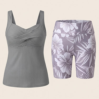 Ribbed Sweetheart Twist Front Tropical Print Tankini Set - image 22