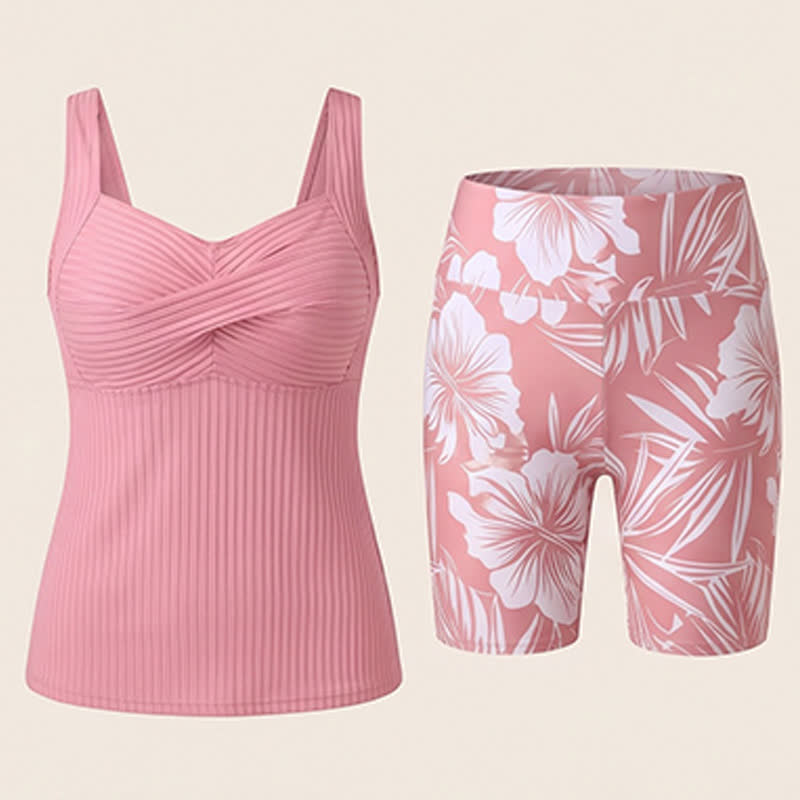 Ribbed Sweetheart Twist Front Tropical Print Tankini Set - image 20