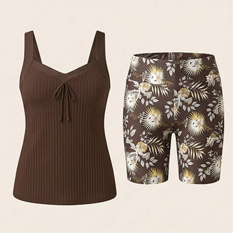 Ribbed Sweetheart Twist Front Tropical Print Tankini Set - image 19
