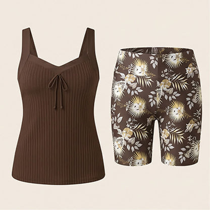Ribbed Sweetheart Twist Front Tropical Print Tankini Set - image 19