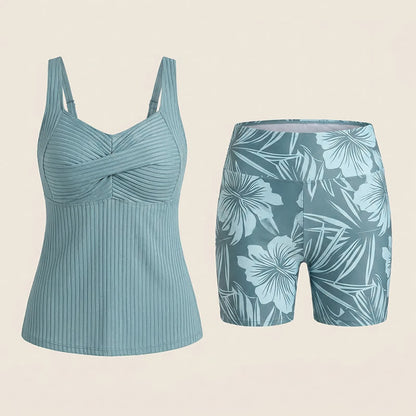 Ribbed Sweetheart Twist Front Tropical Print Tankini Set - image 21