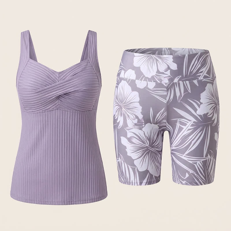 Ribbed Sweetheart Twist Front Tropical Print Tankini Set - image 24
