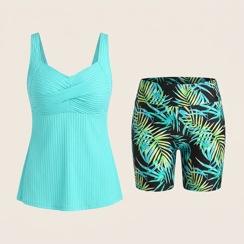 Ribbed Sweetheart Twist Front Tropical Print Tankini Set - image 26
