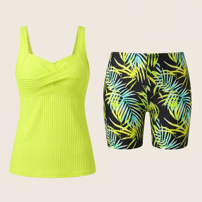 Ribbed Sweetheart Twist Front Tropical Print Tankini Set - image 25