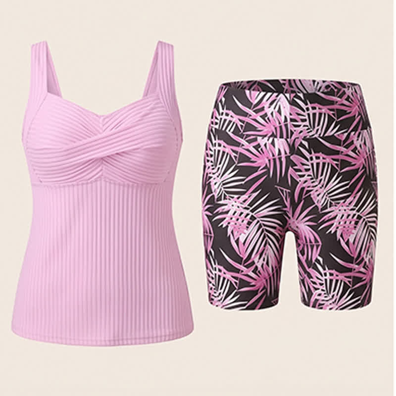 Ribbed Sweetheart Twist Front Tropical Print Tankini Set - image 23