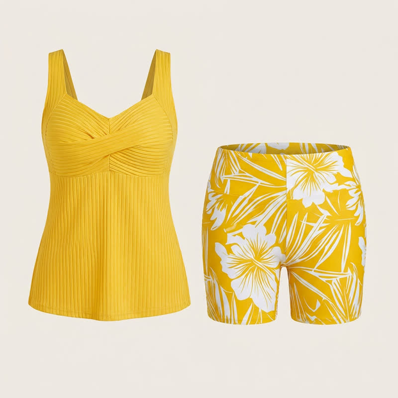 Ribbed Sweetheart Twist Front Tropical Print Tankini Set - image 18