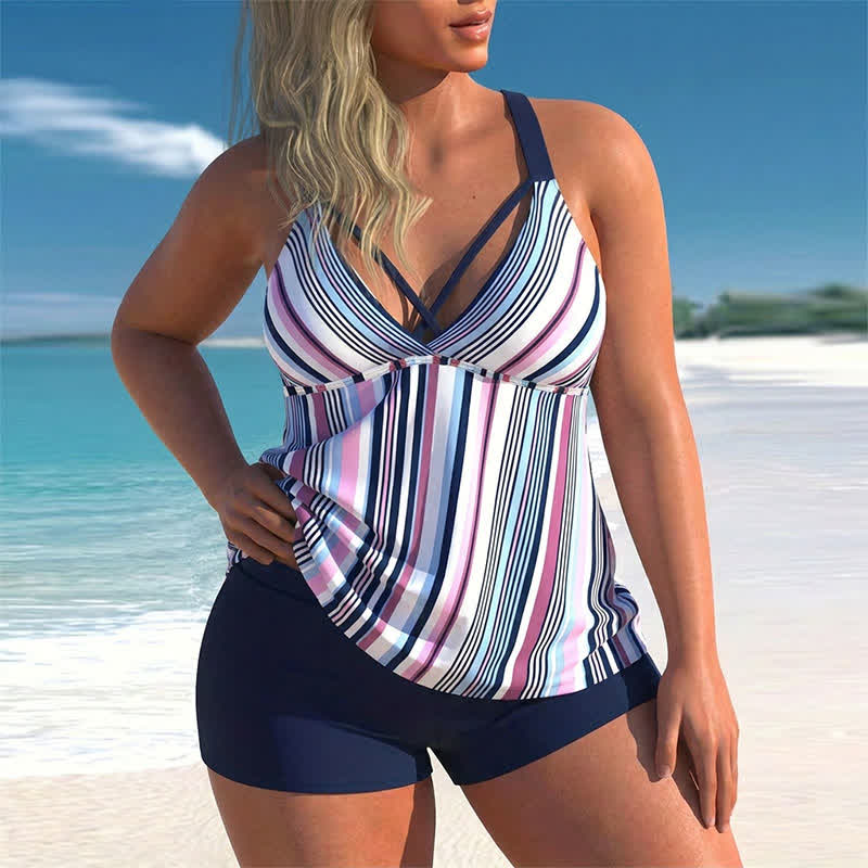 Criss Cross V Neck Flowy Tankini Set - Blue - 5XL - image 0