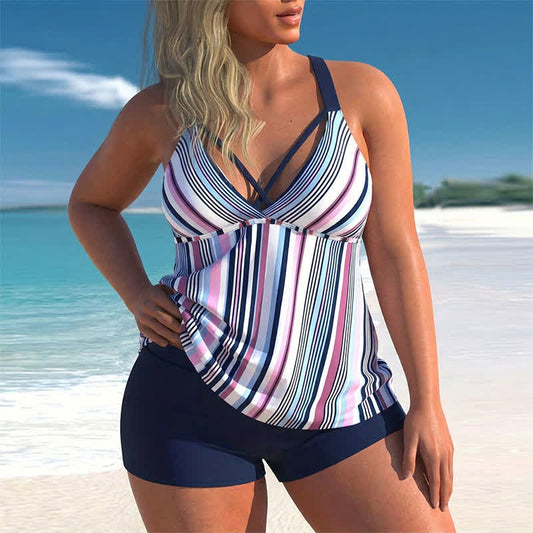 Criss Cross V Neck Flowy Tankini Set - Blue - 5XL - image 0