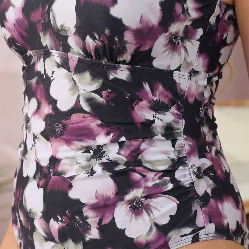 Vintage Flower Leaf Print Ruched One-Piece Swimsuit - image 14