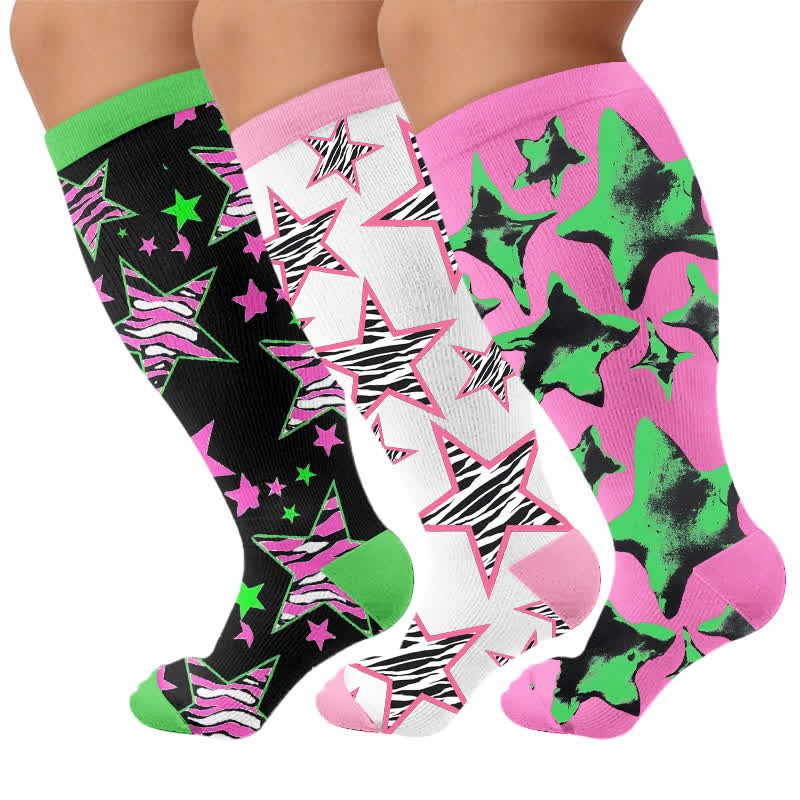 Plus Size Neon Star Compression Socks - Multicolor(3 Pairs) - 4XL - image 4
