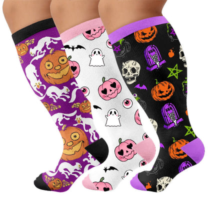Plus Size Halloween Pumpkin Compression Socks - Multicolor(3 Pairs) - 4XL - image 4