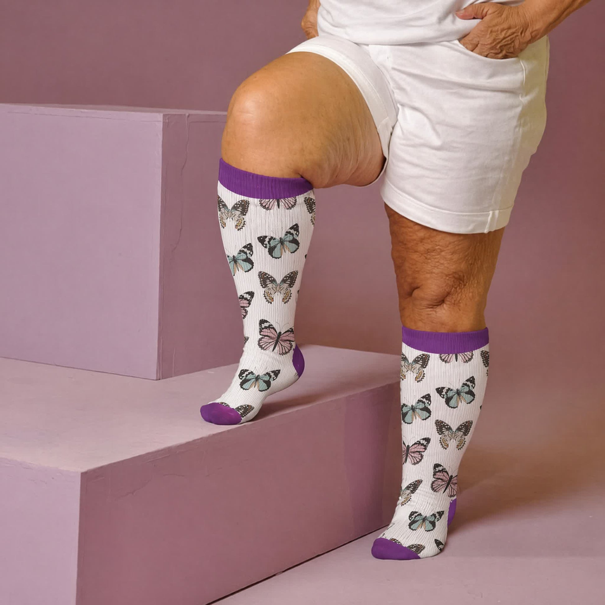 Plus Size Playful Butterfly Compression Socks - White(1 Pair) - 4XL - image 3