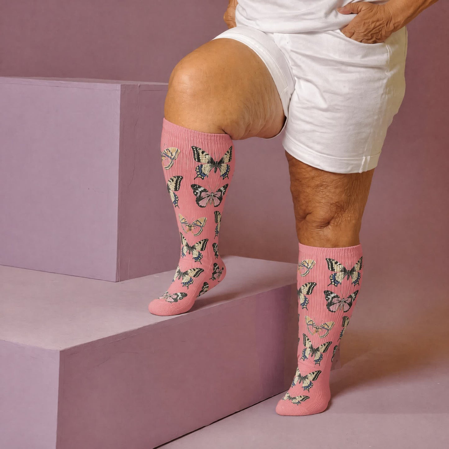 Plus Size Playful Butterfly Compression Socks - Pink(1 Pair) - 4XL - image 1