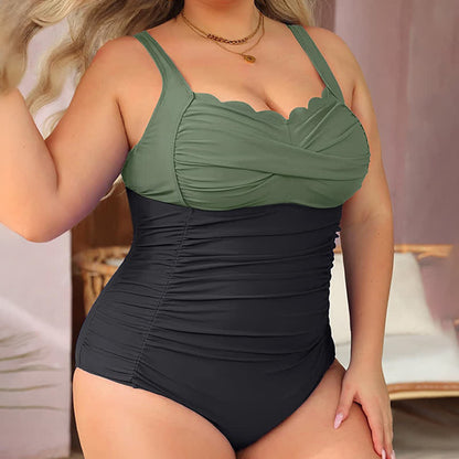 Tropical Paisley Leaf Print Ruched One-Piece Swimsuit - Army Green - 6XL - image 5