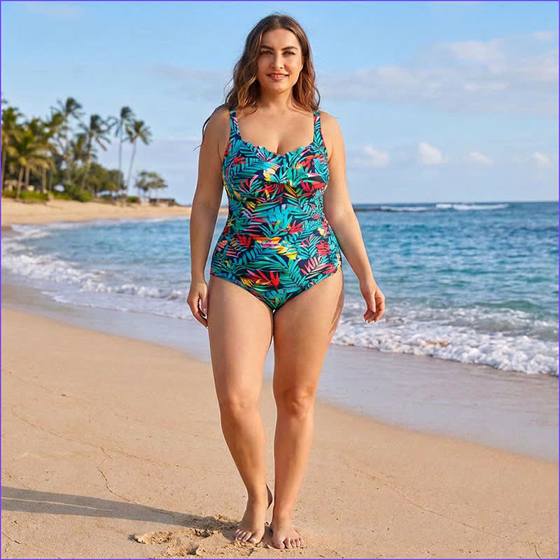 Tropical Paisley Leaf Print Ruched One-Piece Swimsuit - image 2