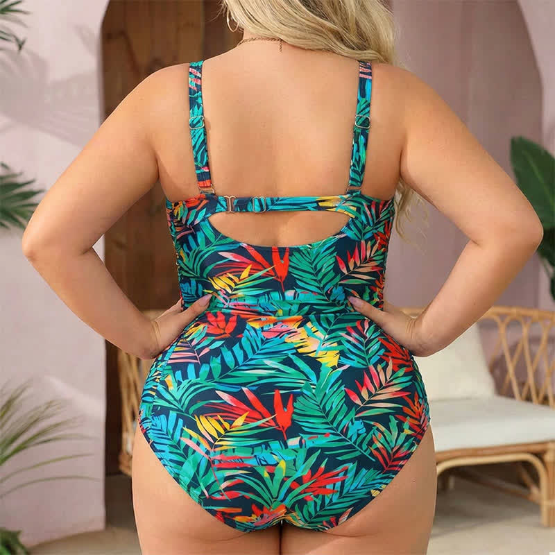 Tropical Paisley Leaf Print Ruched One-Piece Swimsuit - image 1