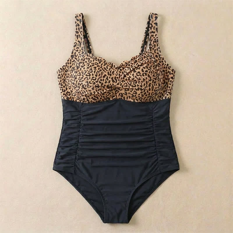 Vintage Flower Leopard Print Ruched One-piece Swimsuit - image 18