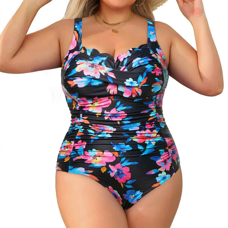 Vintage Flower Leopard Print Ruched One-piece Swimsuit - image 9