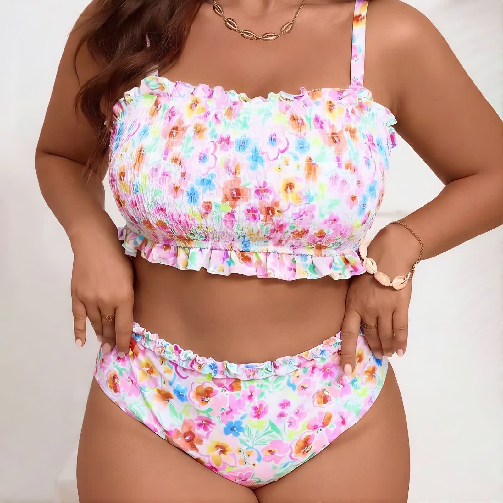 Blush Floral Smocked Bikini Set - Pink - 5XL - image 0