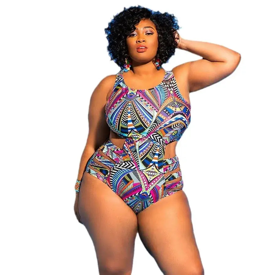 Tribal Geo Print High Waist One-Piece Swimsuit - Navy Blue - 4XL - image 2