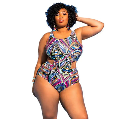 Tribal Geo Print High Waist One-Piece Swimsuit - Navy Blue - 4XL - image 2