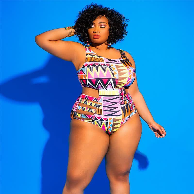 Tribal Geo Print High Waist One-Piece Swimsuit - Brown - 4XL - image 0