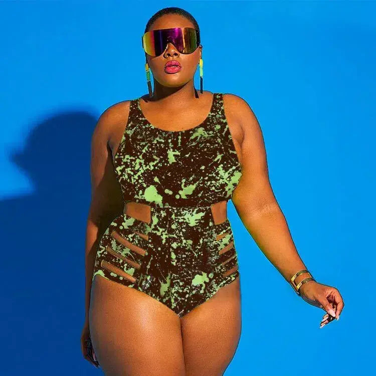 Cutout Splash Print One-Piece Swimsuit - Dark Green - 4XL - image 1