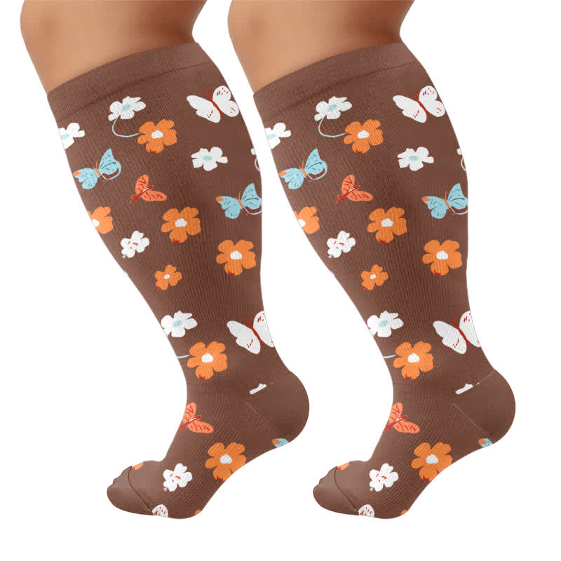 Plus Size Daisy Bee Flower Print Compression Socks - Brown(1 Pair) - 4XL - image 10
