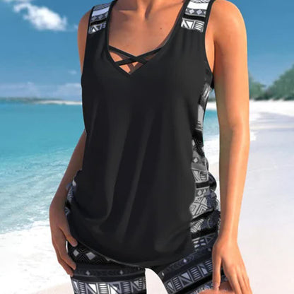 Criss Cross Geometric Tankini Set - Black - 3XL - image 0