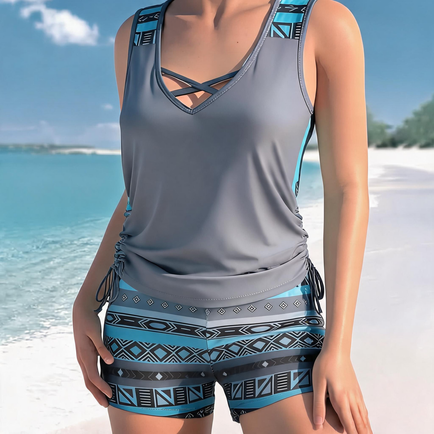 Floral Criss Cross Tankini Set - Grey - 3XL - image 2