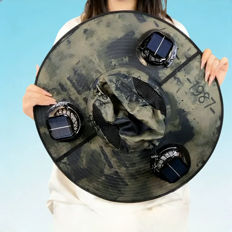Solar Cooling Wide Brim Sun Hat - Army Green - One Size - 3 Fans - image 13