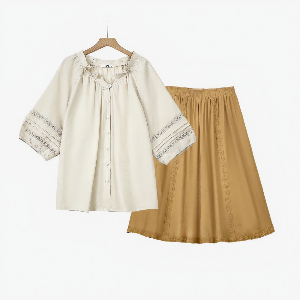Boho Lace Panel Blouse & Pleated Midi Skirt Set - 2Pcs Set - 6XL - image 0