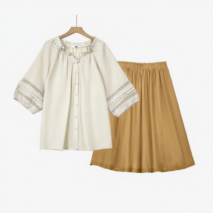 Boho Lace Panel Blouse & Pleated Midi Skirt Set - 2Pcs Set - 6XL - image 0