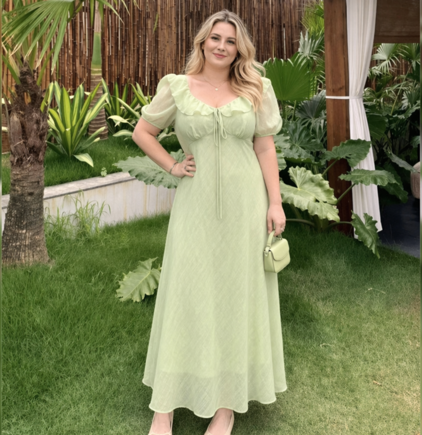 Romantic Frill Collar Puff Sleeve Maxi Dress - Green - 6XL - image 6
