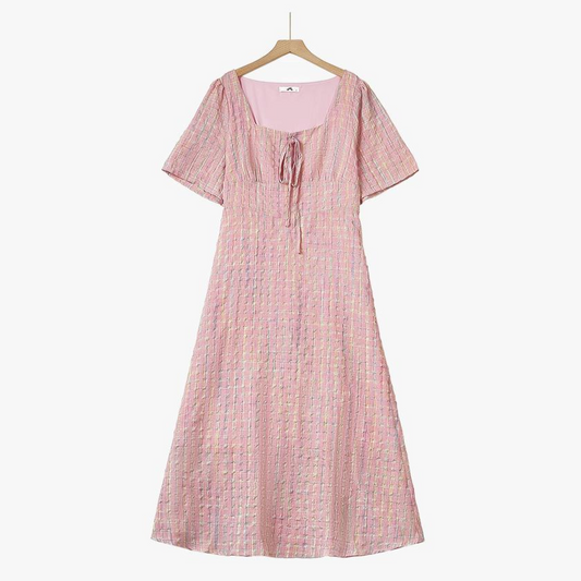 Pink Textured Plaid Square Neck Tie Front Midi Dress - Pink - 5XL - image 0