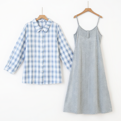 Plus Size Cotton Plaid Shirt and Cami Dress Lounge Set - 2Pcs Set - 6XL - image 0
