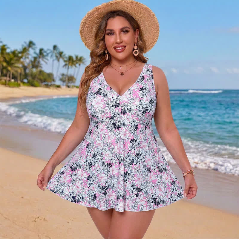 Floral Skirted Swim Dress - Purple - 5XL - image 2