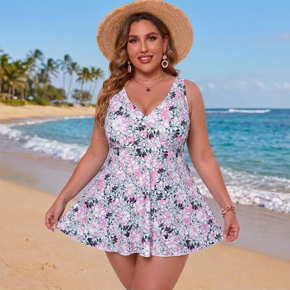 Floral Skirted Swim Dress - Purple - 5XL - image 2