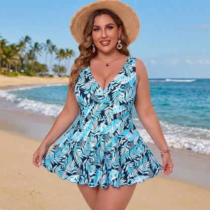Floral Skirted Swim Dress - Sky Blue - 5XL - image 4