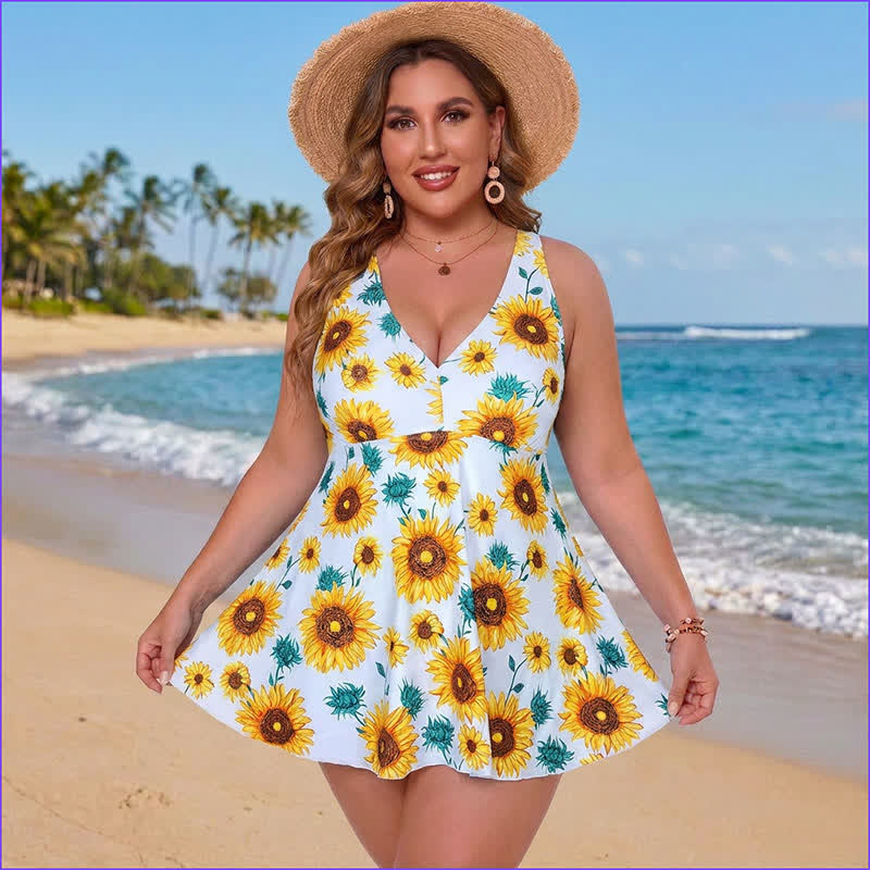 Plus Size Printed Ring Strap Swim Dress - Yellow - 5XL - image 5