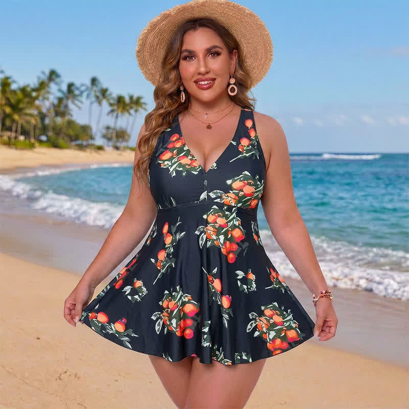 Leopard Flower Print Empire Waist Swim Dress - Black - 5XL - image 2
