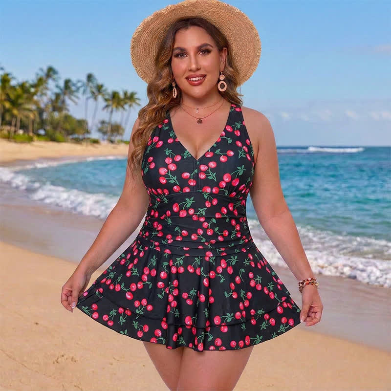 Leopard Flower Print Empire Waist Swim Dress - Rose - 5XL - image 4