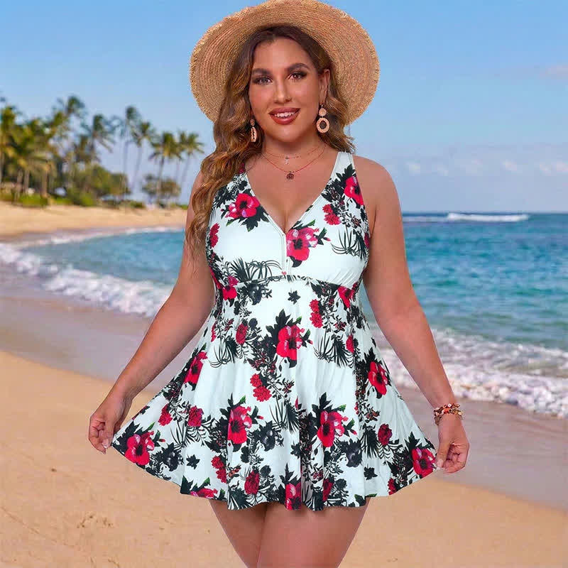 Flower Polka Dot Print V Neck Swim Dress - White - 5XL - image 4