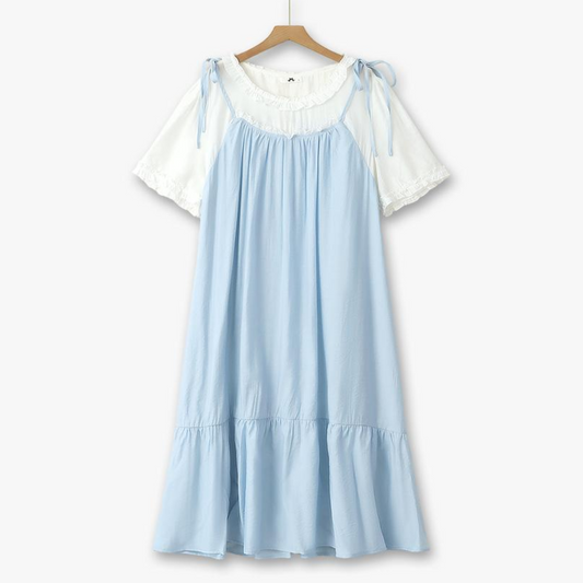 Plus Size Bow Strap Faux Two Piece Midi Dress - Blue - 6XL - image 0