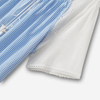 Plus Size Blue Gingham Eyelet Short Sleeve Blouse - image 2