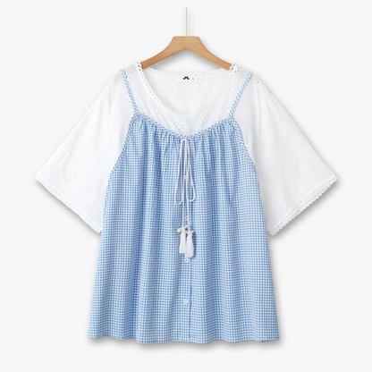 Plus Size Blue Gingham Eyelet Short Sleeve Blouse - Blue - 6XL - image 0
