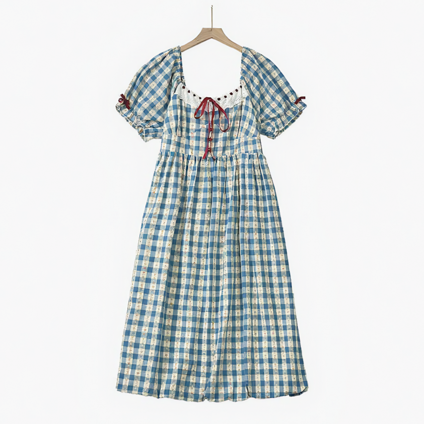 Plus Size Blue Gingham Square Neck Puff Sleeve Midi Dress - Blue - 6XL - image 0