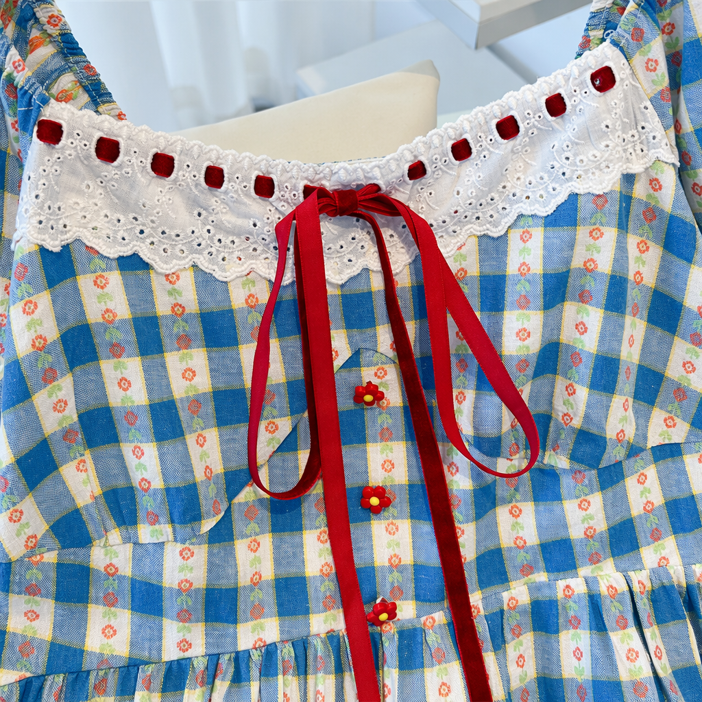 Plus Size Blue Gingham Square Neck Puff Sleeve Midi Dress - image 2