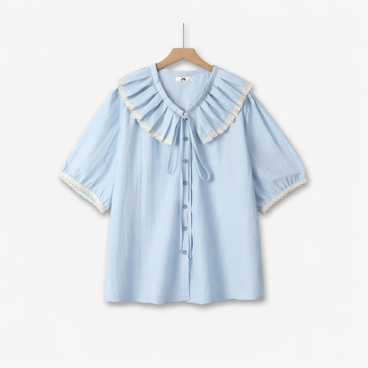 Plus Size Ruffle Collar Lace Trim Blouse - Blue - 6XL - image 0