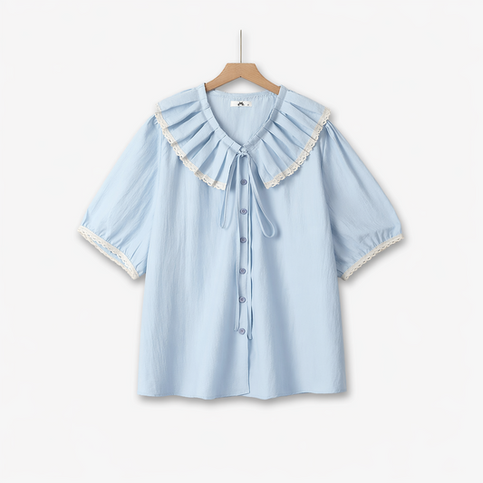 Plus Size Ruffle Collar Lace Trim Blouse - Blue - 6XL - image 0